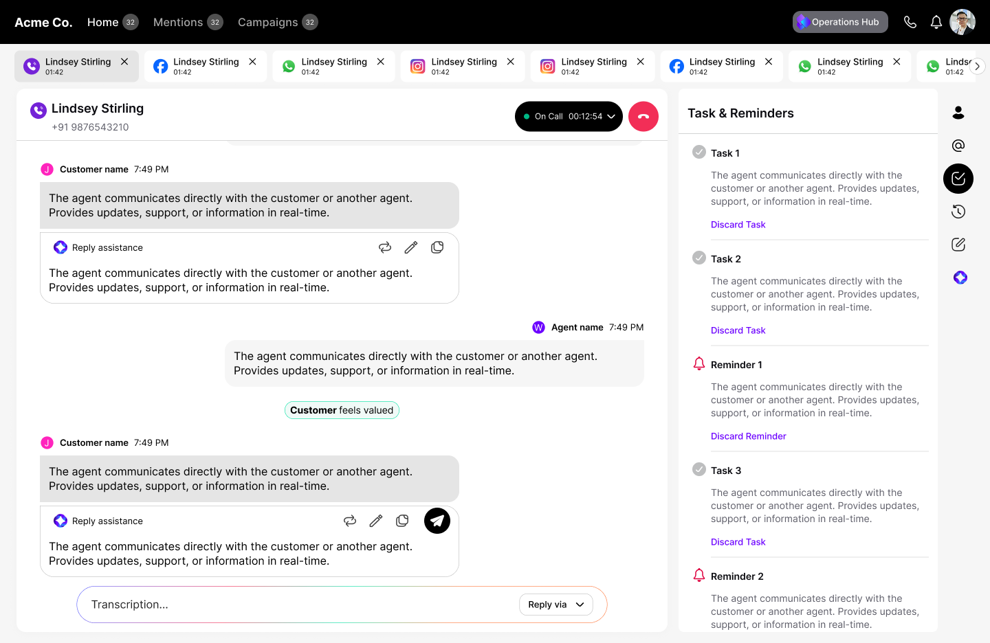 AI CCaaS agent workspace showing live conversation, AI-assisted reply suggestions, and a task & reminders panel
